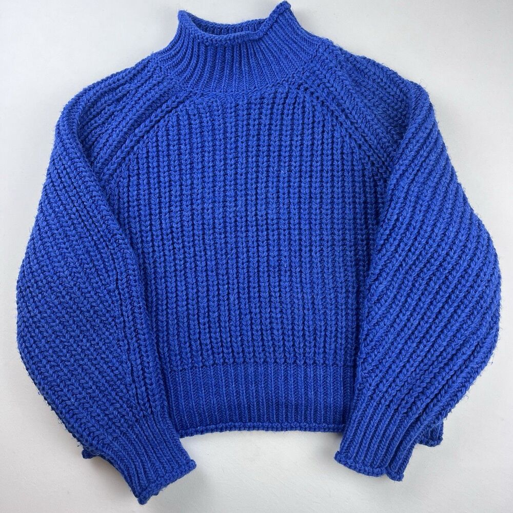 H&M Chunky Funnel Neck Long Sleeve Oversized Sweater Large Top Electric Blue Pop - Picture 1 of 11